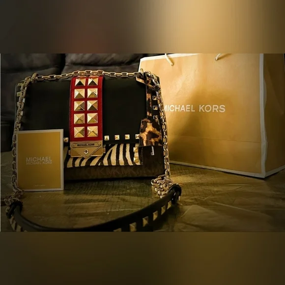 Michael Kors Cece Medium Logo Mixed-Media Convertible Black & Red Studded Bag - Picture 7 of 15